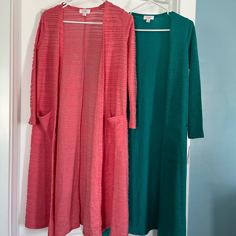 Lularoe Sarah Pink and Green Long Cardigans with pockets